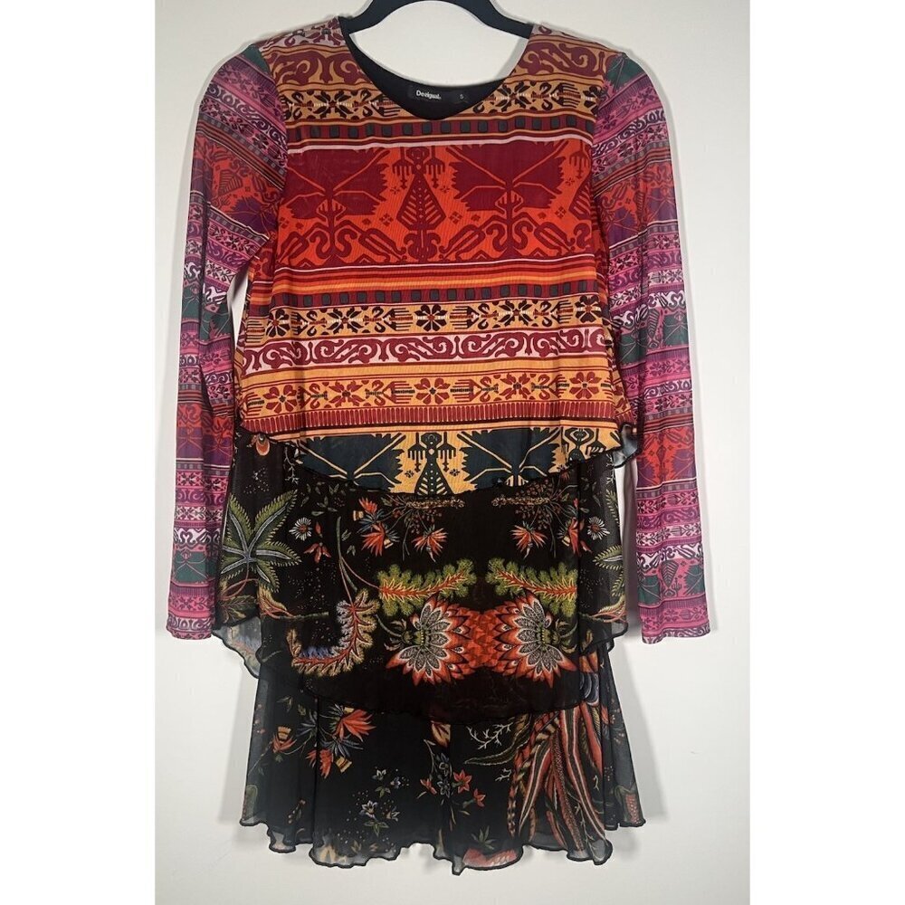 DESIGUAL Vintage Y2K layered mesh paisley patchwork aztec mini dress S
